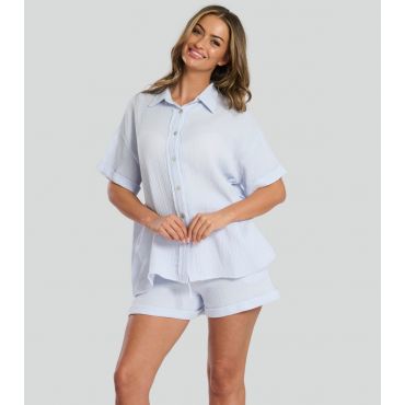 Women's Blue Textured Shirt and Shorts Pyjama Set Loungeable New Look