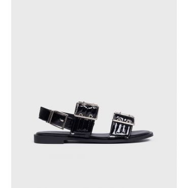 Women's Black Faux Patent Leather Buckled Sandals London Rebel New Look