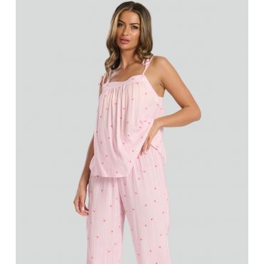 Women's Pink Striped Palm Tree Print Cami Top and Trousers Set Loungeable New Look