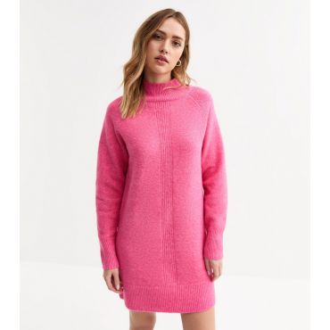 Women's Bright Pink High Neck Knit Mini Dress Sunshine Soul New Look