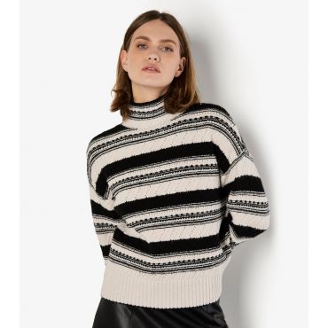 Women's Off White Stripe Pointelle High Neck Jumper Apricot New Look