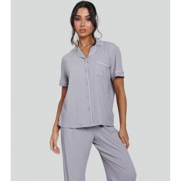 Women's Grey Ribbed Short Sleeve Shirt and Trousers Pyjama Set Loungeable New Look
