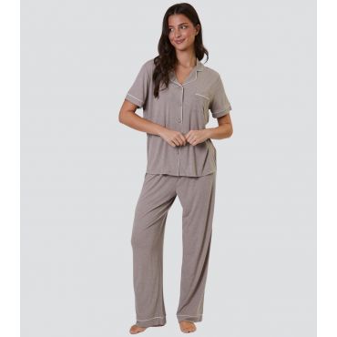 Women's Oatmeal Ribbed Short Sleeve Shirt and Trousers Pyjama Set Loungeable New Look