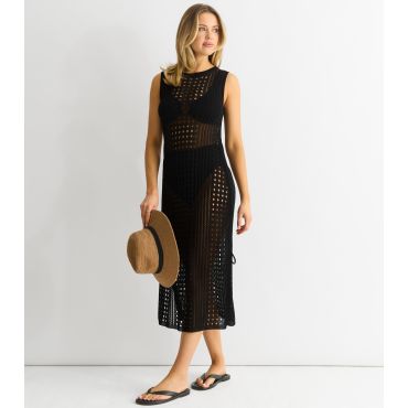 Women's Black Crochet Knit Bodycon Midi Dress Gini London New Look