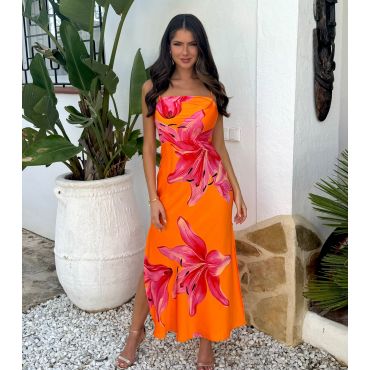 Women's Orange Lily Print Strappy Slip Midi Dress AX Paris New Look