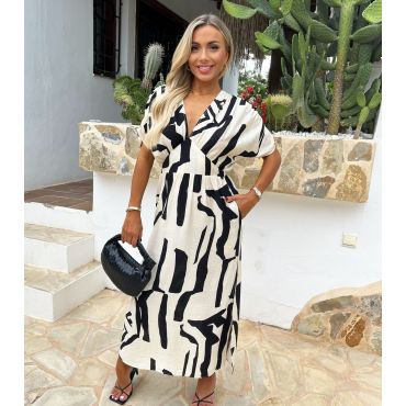 Women's Black Abstract Print V Neck Batwing Midi Dress AX Paris New Look