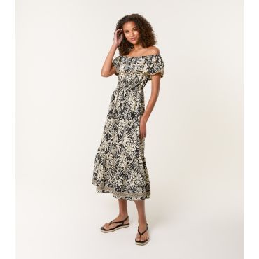 Women's Black Floral Print Off-The-Shoulder Midi Dress Blue Vanilla New Look