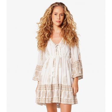 Women's Cream Paisley Embroidered Textured Mini Dress Apricot New Look