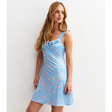 Women's Blue Gingham Check Floral Mini Dress New Look