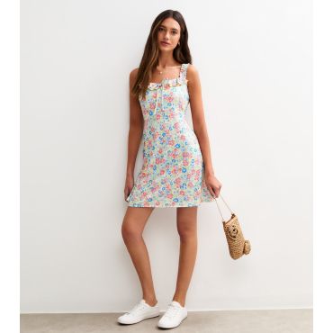 Women's Yellow Jersey Floral Print Tie Front Mini Dress New Look