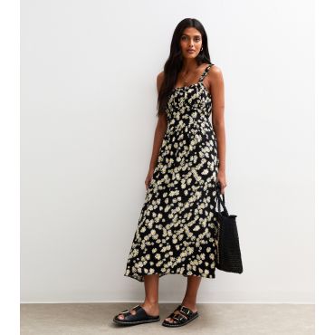 Women's Black Daisy Print Frilly Trim Midi Dress New Look