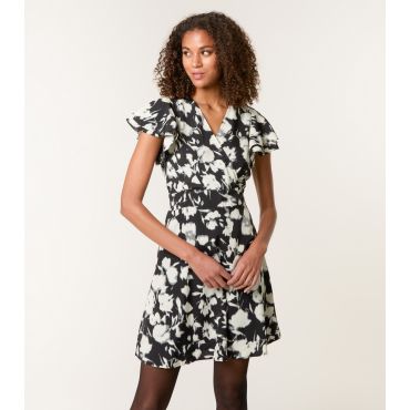 Women's Black Abstract Print Frill Sleeve Mini Dress Blue Vanilla New Look