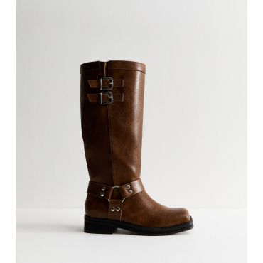 Women's Tan Faux Leather Buckled Tab Biker Boots Public Desire New Look