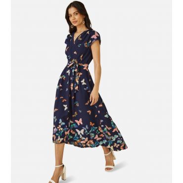 Women's Navy Butterfly Print Midi Dress Yumi New Look