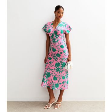 Women's Pink Floral Print Satin V-Neck Midi Dress New Look