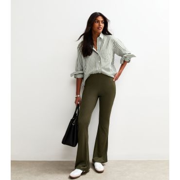 Women's Khaki Ribbed Jersey Flared Trousers New Look