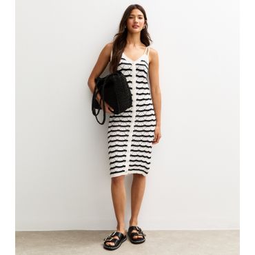 Women's White Scallop Stripe Pointelle Knit Midi Dress Sunshine Soul New Look