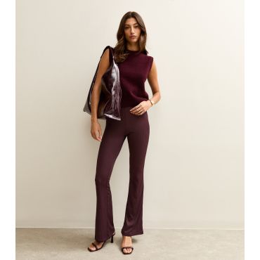 Women's Tall Dark Burgundy Rib Jersey Flared Trousers New Look