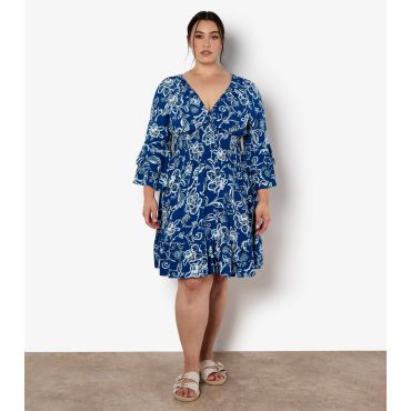 Women's Curve Blue Floral Print Mini Dress Apricot New Look