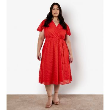 Women's Curve Red Chevron Jacquard Wrap Midi Dress Apricot New Look
