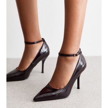 Women's Dark Brown Patent Faux Leather Ankle Strap Court Shoes Vegan New Look