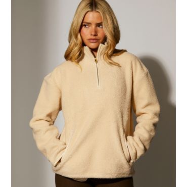 Women's Cream Fleece Back Faux Shearling Quarter Zip Jumper South Beach New Look