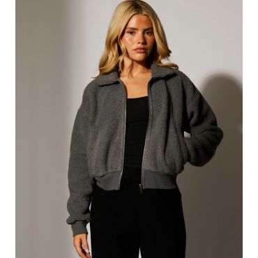 Women's Grey Fleece Back Faux Shearling Zip Front Crop Jacket South Beach New Look