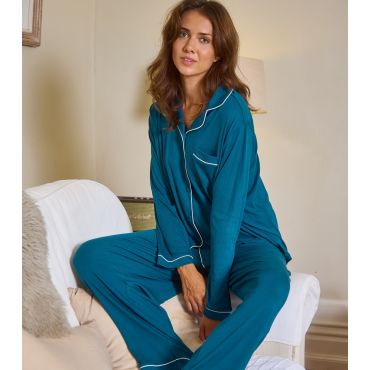 Women's Teal Contrast Piping Shirt and Trousers Pyjama Set Loungeable New Look