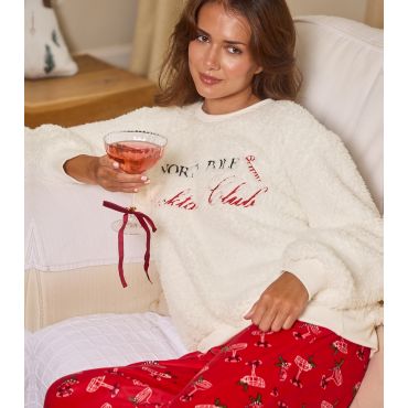 Women's Christmas Cocktail Club Borg Jumper and Velour Trousers Lounge Set Loungeable New Look