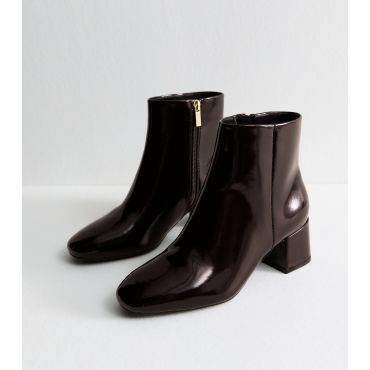 Women's Wide Fit Dark Burgundy Faux Patent Leather Block Heel Boots Vegan New Look