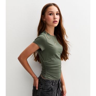 Girls' Light Khaki Ruched Side Cap Sleeve T-Shirt New Look