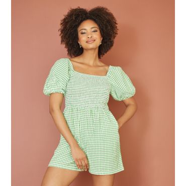 Women's Blue Gingham Print Shirred Playsuit Yumi New Look