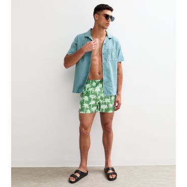 Men's Dark Green Palm Tree Print Swim Shorts Only and Sons New Look