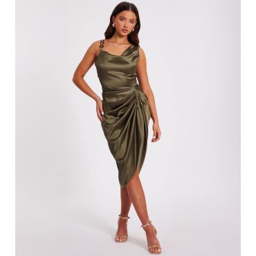 Women's Petite Dark Khaki Satin Ruched Midi Dress Quiz New Look