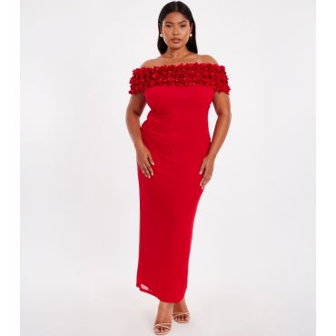 Women's Curve Red Floral Strapless Midaxi Dress Quiz New Look