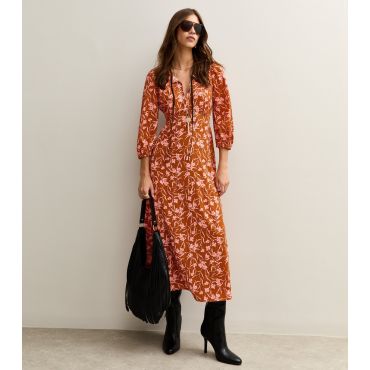 Women's Orange Floral Print Tie Neck MIdi Dress New Look