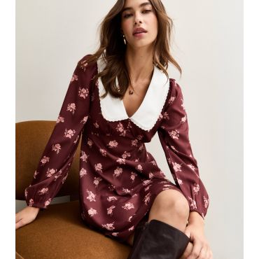 Women's Brown Crepe Floral Print Statement Collar Mini Dress New Look