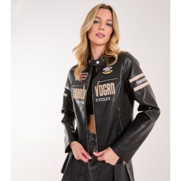 Women's Black Faux Leather Motocross Biker Jacket Pink Vanilla New Look