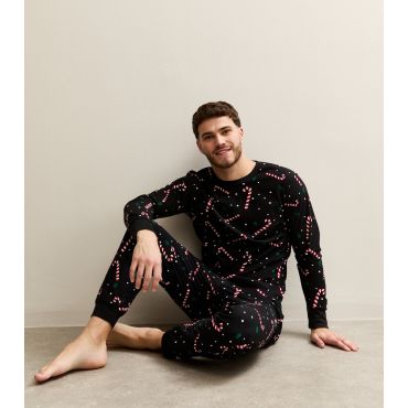 Men's Black Candy Cane Printed Lounge Set Jack & Jones New Look