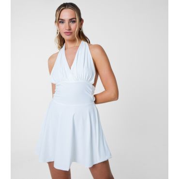 Women's White Halterneck Skater Skirt Mini Dress Pink Vanilla New Look