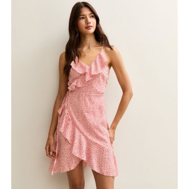 Women's Pink Polka Dot Frilly Trimmed Wrap Mini Dress Sunshine Soul New Look
