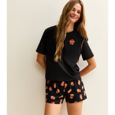 Women's Black Dog Short Sleeve Top and Shorts Set New Look