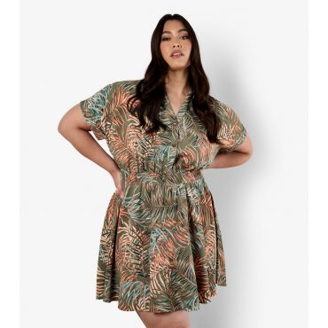 Women's Curve Olive Green Leaf Print Mini Dress Apricot New Look