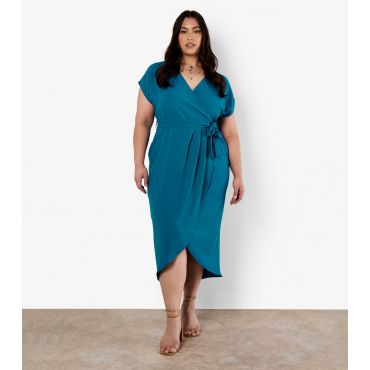 Women's Curve Blue Textured Wrap Midi Dress Apricot New Look