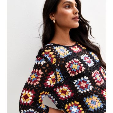 Women's Black Crochet Patchwork Pattern Jumper Sunshine Soul New Look