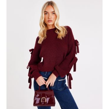 Women's Burgundy Bow Detail Jumper Quiz New Look