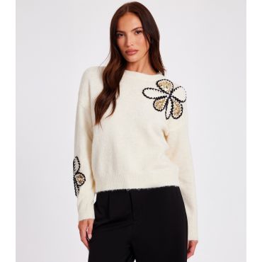Women's Cream Knitted Floral Jumper Quiz New Look