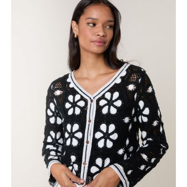 Women's Black Floral Crochet Knit Cardigan Blue Vanilla New Look