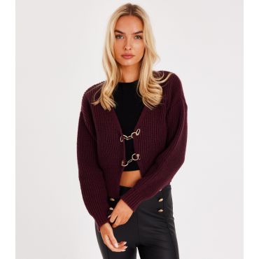 Women's Burgundy Ribbed Knit Hook Fastening Cardigan Quiz New Look