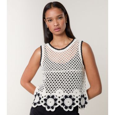 Women's Black Flower Crochet Knit Top Blue Vanilla New Look